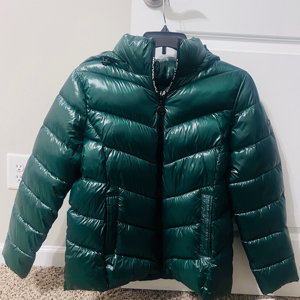Michael Kors Hooded Chevron Puffer Jacket Glossy Packable Coat Women’s L Green - Picture 4 of 7